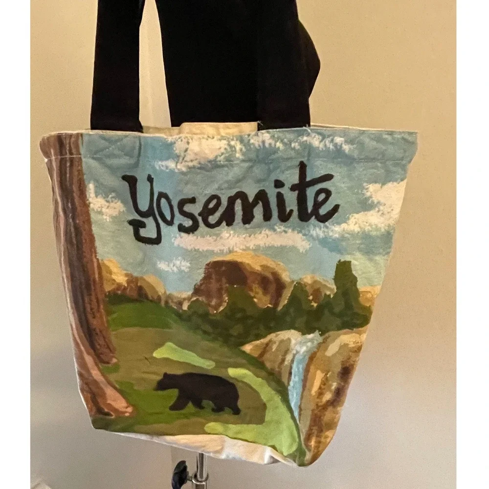 Yosemite National Park Hand Painted Canvas‎ Tote Bag Bear Waterfall Souvenir